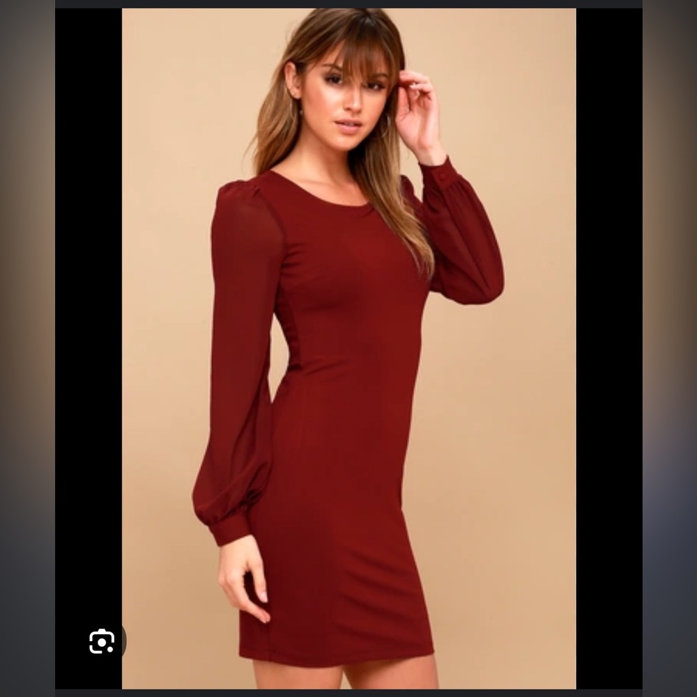 Chic Burgundy Dress - Mesh Sheer Sleeve Dress Bodycon Dress